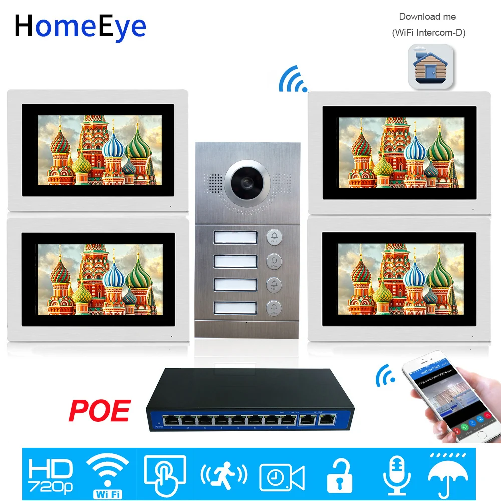 4-Семья двери Система контроля доступа 720P 7 ''Wi-Fi IP видео-телефон двери видео домофон iOS/Android APP дистанционная разблокировка поддерживаемый POE