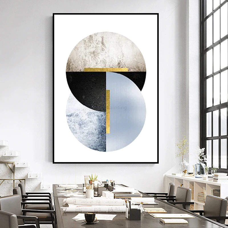 

Gold Blue Round Acrylic Abstract Canvas Oil Painting Geometri HandPainted Wall Art Picture for Living Room Home Decor Decoracion
