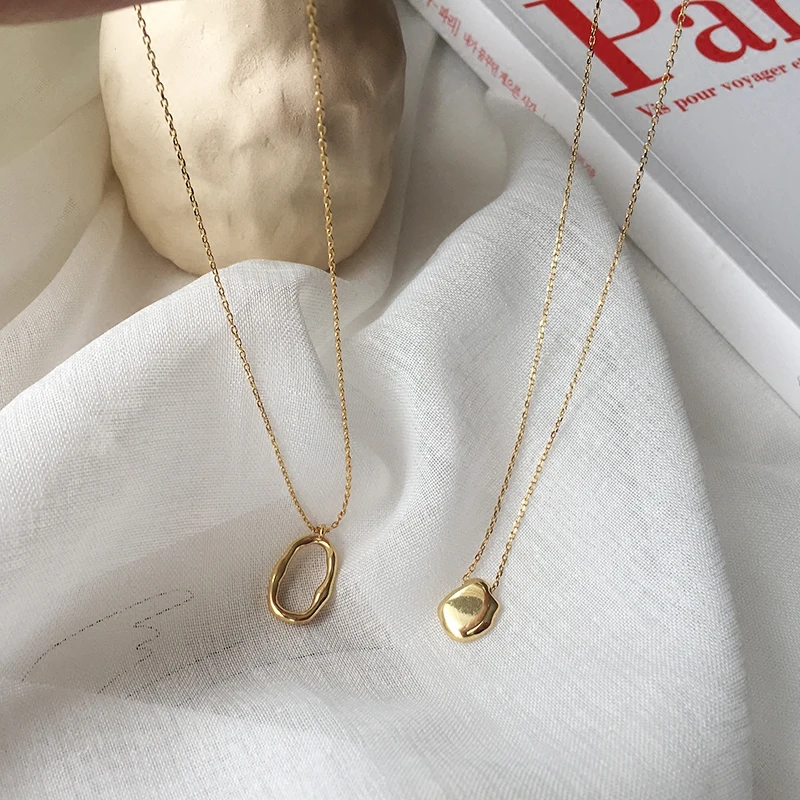 

INSKorean European and American S925 Sterling silver gold color irregular geometric elliptical necklace simple collarbone chain