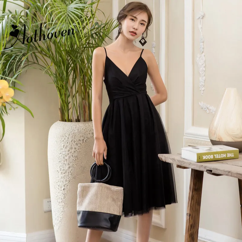 Summer Vintage Gauze Black A Line Dresses Spaghetti Strap V Neck Long