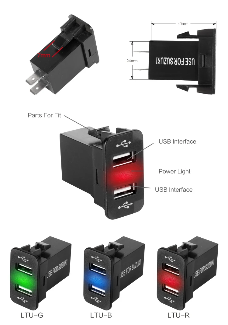 Прямые продажи, зарядное устройство USB Voiture, 12, 24 В, светодиодный, быстрый, автомобильный, USB разъем, зарядное устройство для Suzuki sx4, Carregador De Delular, 5 В, 2,1+ А, вход