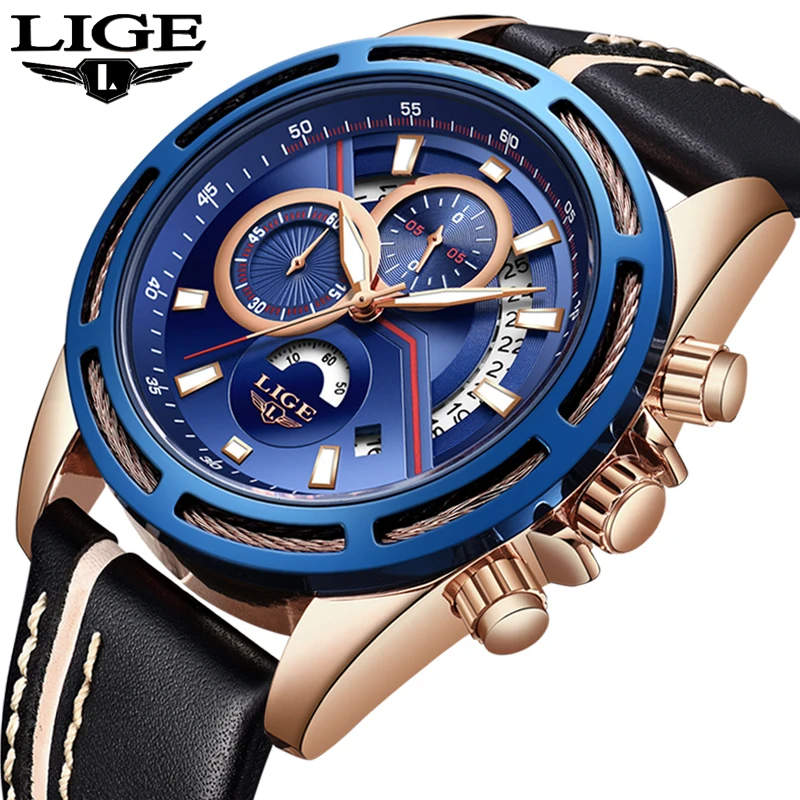 

New LIGE Men Watches Top Luxury Brand Fashion Leather Waterproof Military Watch Men Casual Sports Quartz Clock Relogio Masculino
