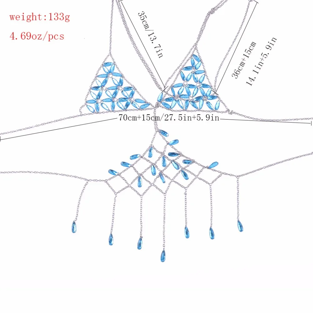 Стильные женские блестящие прозрачные стразы, сетчатый бюстгальтер для тела, костюм бикини, сексуальные очаровательные прозрачные трусики, ювелирные изделия на грудь и цепочку