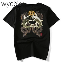 Высокое качество, ручная вышивка, парча, карп, рыба и дракон, Мужская футболка, короткий рукав, o-образный вырез, мужские топы, большой размер, M-4X