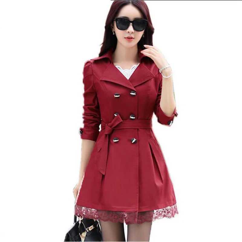 

Wine Red Lace Trench Coat Para As Mulheres Long Coat Female Spring Autumn Outwear Windbreaker Plus Size Women Clothing LU248