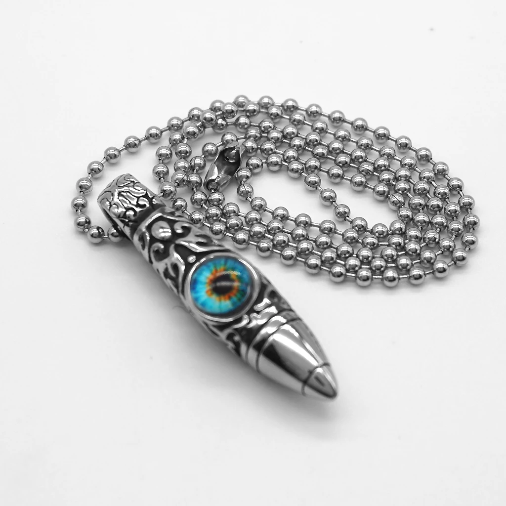 Vintage Stainless Steel Bullet Shape Evil Eye Pendant Ball Chain Necklace Fashion Punk Mens Jewelry