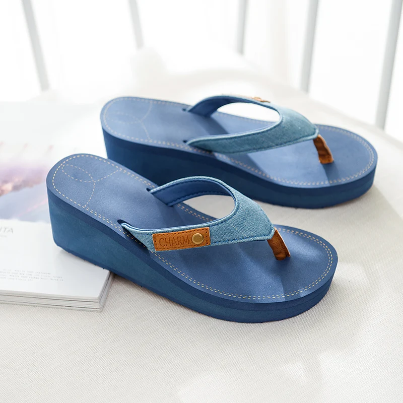 

Womens Open Toe Denim Jeans Wedge High Heel Slippers Sandals Flip-flops Shoes Summer Slides Cowboy A171