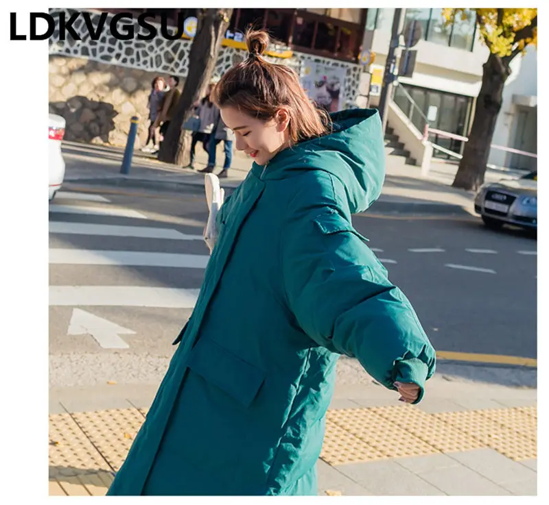 Корейская зимняя куртка, женские длинные парки, пальто размера плюс, свободный капюшон, зима, новинка, большой карман, Толстая теплая верхняя одежда Is1243