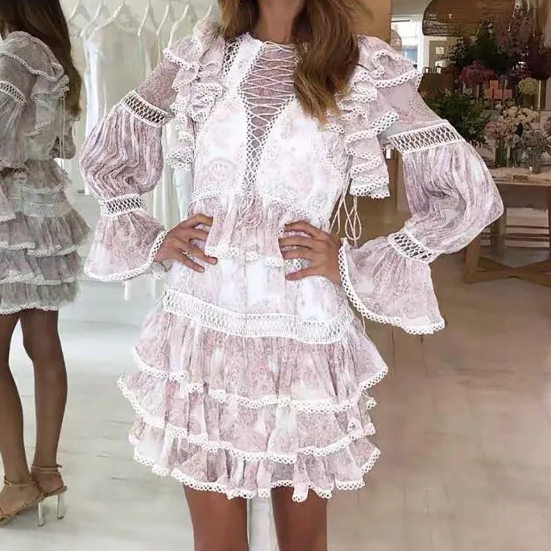 

2019 Women Luxury Long Sleeve Lace Printed Ruffles Beach Dress