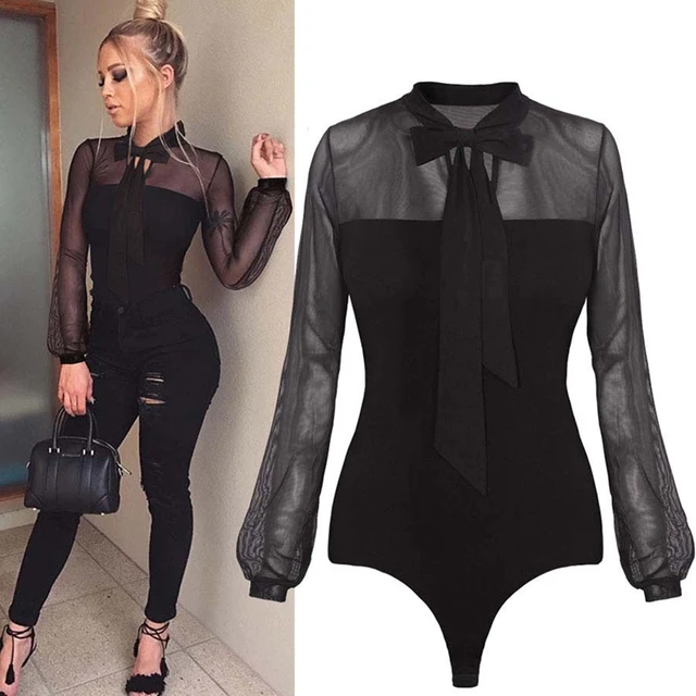 US $6.04 New Summer Bodysuit Women Sexy Bow Mock Neck Patchwork Long Sleeve Back Ladies Lace Mesh Bodysuit T