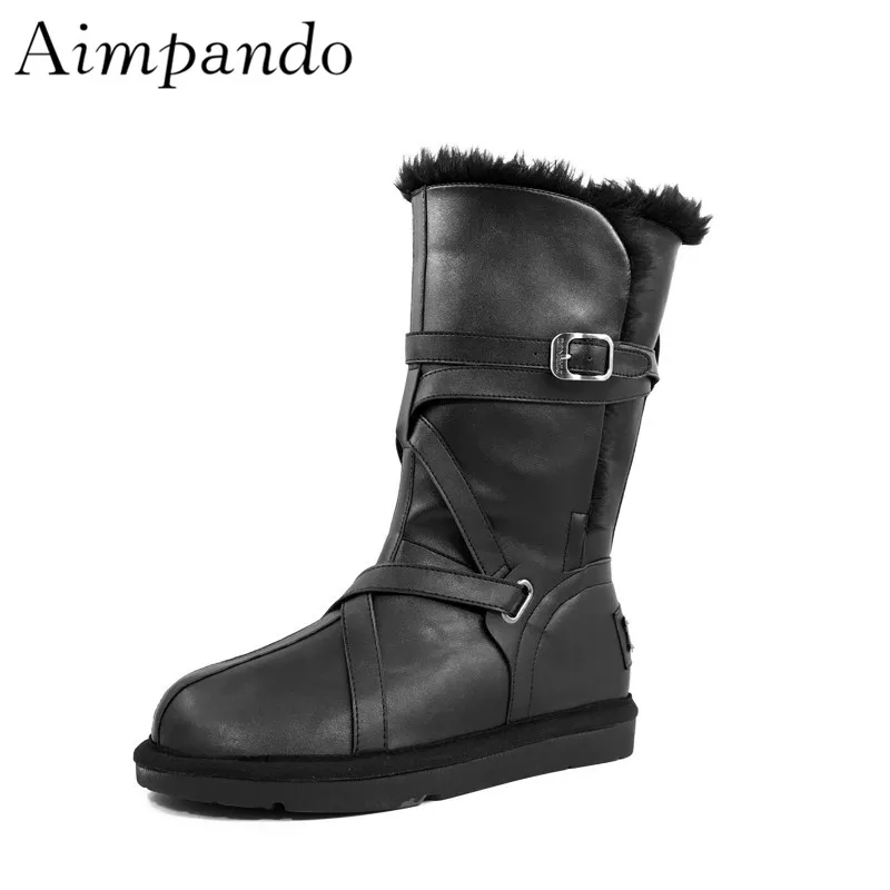 

Winter Booties For Women Black Round Toe Flat Mid-calf Boots Studded Buckle Wool Fur 2019 Snow Boots