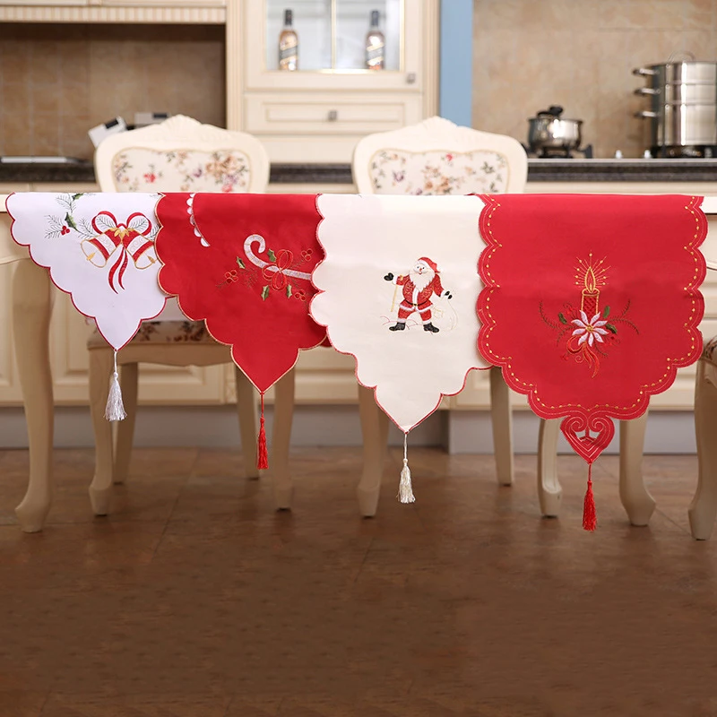 

New Year Embroidery Table Runner Christmas Hollow Flag Ornaments Dining Table Dust Cover For Xmas Party Home Decorative