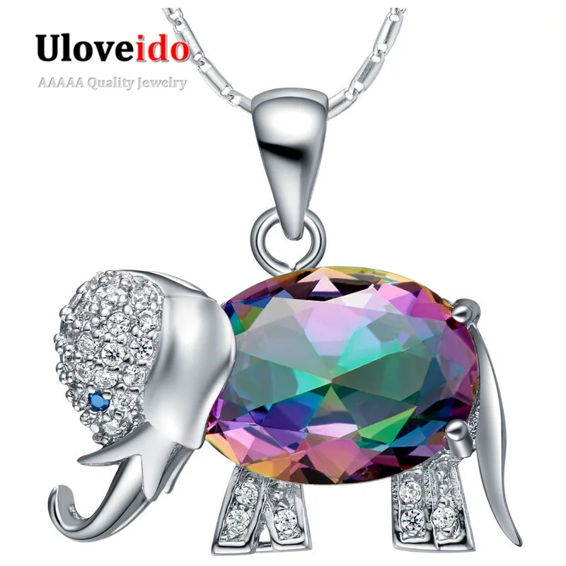 Uloveido font b Necklaces b font Rainbow Mystic Cute Elephant Animal font b Pendant b font