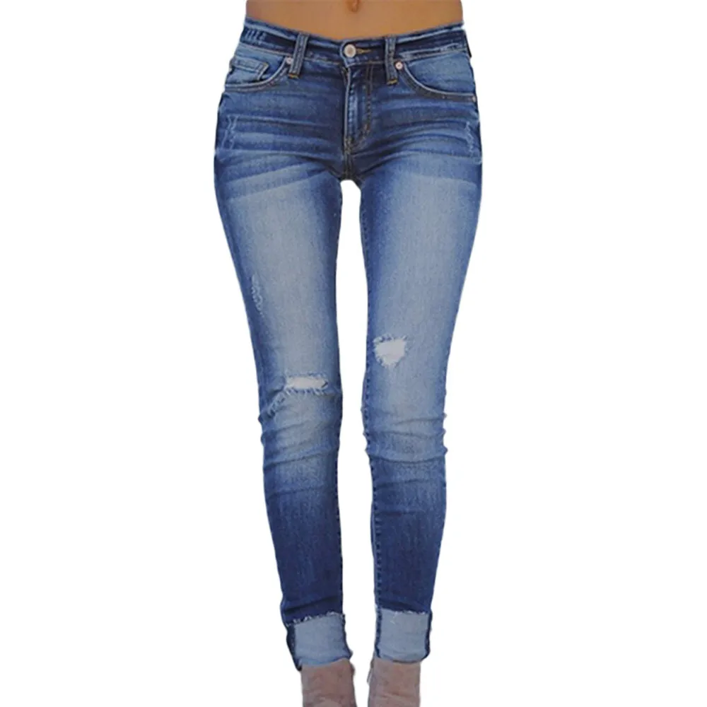 CHAMSGEND, женские осенние эластичные свободные джинсы с дырками, повседневные укороченные джинсы, хлопковые отбеленные джинсы со средней талией Fe6
