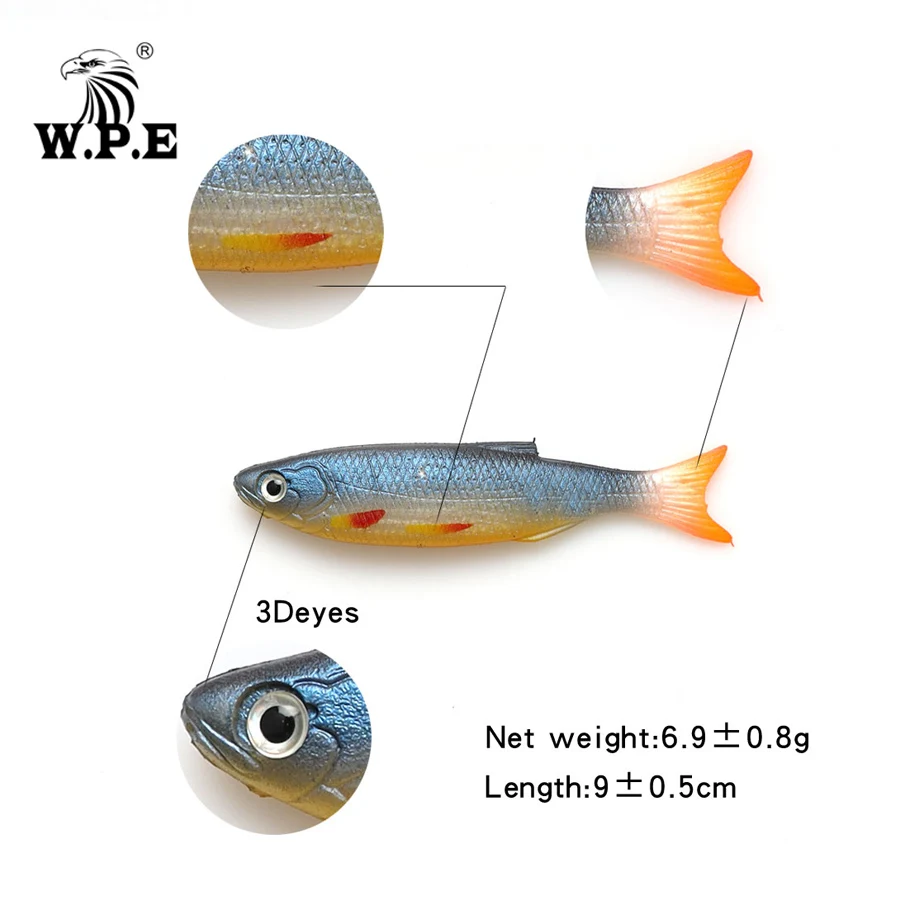 

W.P.E 90mm 6pcs/pack Soft Fishing Lure 3D eyes Colorful Swimbaits Jig Head Fishing Bait Soft Lure Silicone Bait Fishing Wobblers