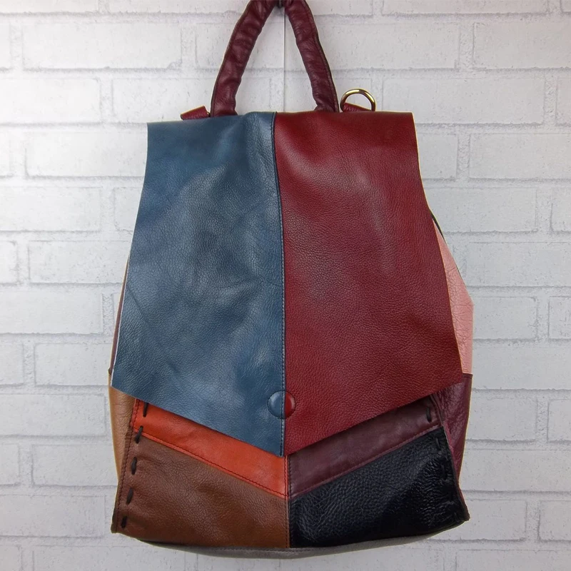 

2018 New Handmade Genuine Leather Casual Women's Backpacks Patchwork Large Size Knitting Vintage Backpack High-capacit