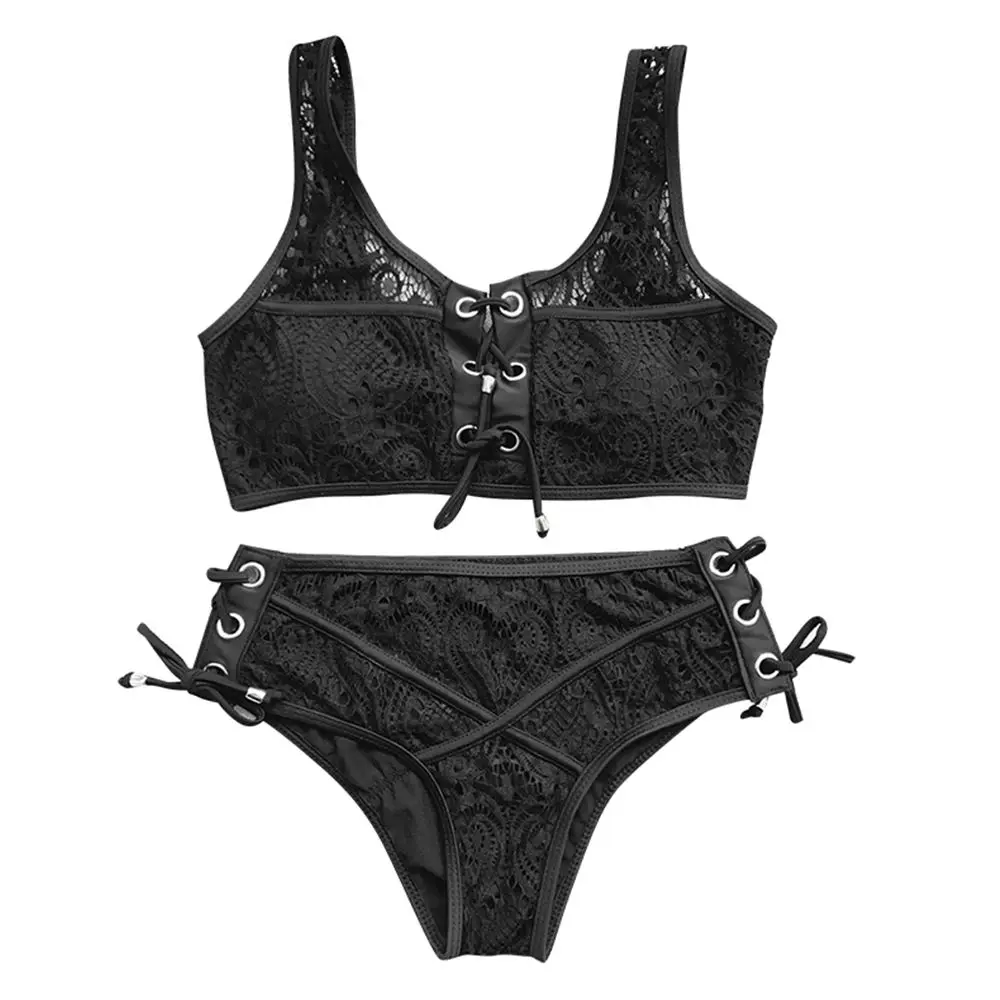 

2pcs Women Bandage Lace Bikini Push-up Padded Sexy Bra Panties Set Swimsuit Set Swimwears 2019 Summer New