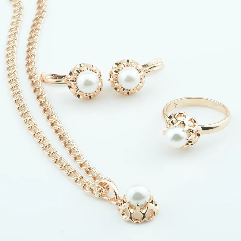 

FJ Jewelry Sets Simulated Pearl Bead Ball Women 585 Gold Color Rose Earrings+Rings+Pendant Wedding Optional Chains Necklace