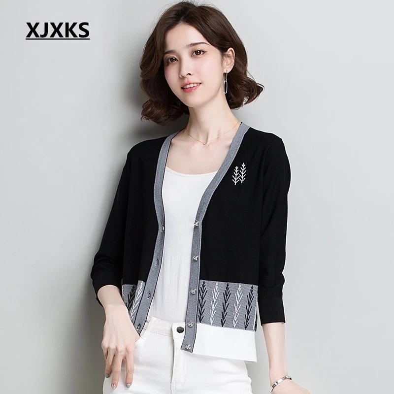 

XJXKS Cardigan Women V-neck Knitted Sweater Small Shawl Jumper Breathable Linen Fashion Women Sweater Drop Shipping