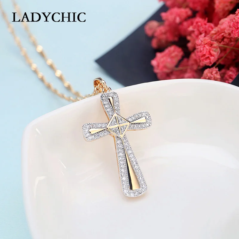 LADYCHIC Gold Color Cross Pendant Necklaces for Woman Trendy Cubic Zirconia Crystal Necklace Jewelry Christian Catholic Bijoux