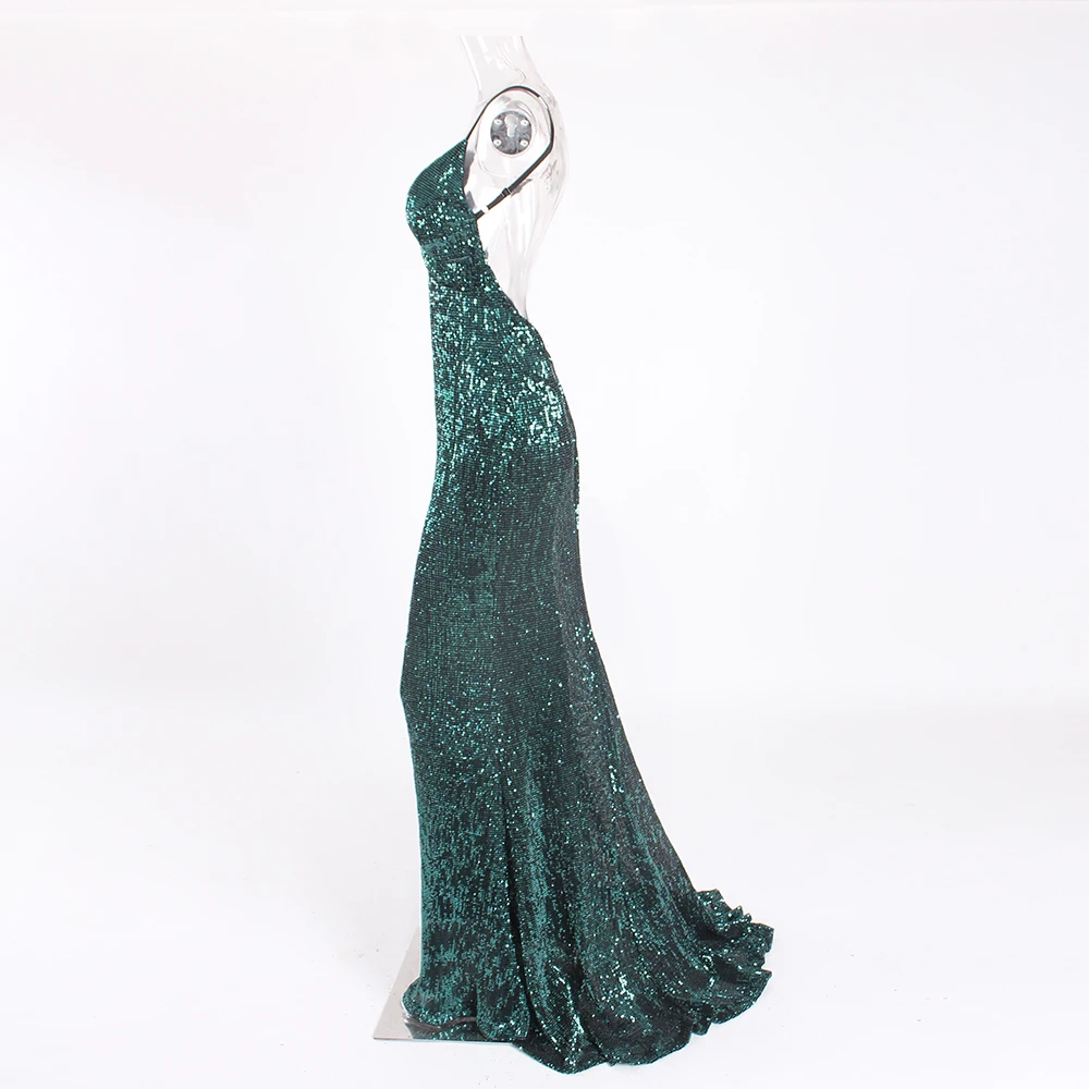 Sequin Hollow Out Padded V Neck Backless Floor Length Mermaid Dress