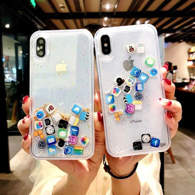 US $3.45 Funny Apps Icon Liquid Glitter Stars Phone Cases for iPhone XS Max XR X 10 Dynamic Liquid Quicksand