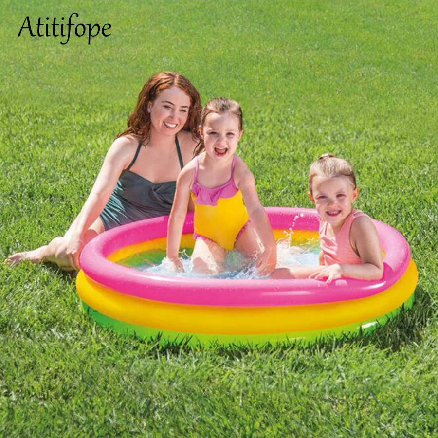 

Rainbow round inflatable pool three rings bath tub swimming pool good kids birthday gift ball pit for indoor and outdoor use