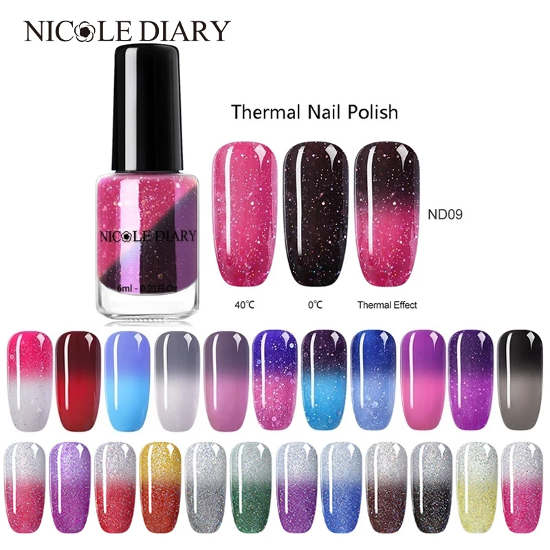 

NICOLE DIARY Thermal Nail Polish Glitter Temperature Color Changing Water-based Varnish Shinny Shimmer Peel Off Nail Lacquer