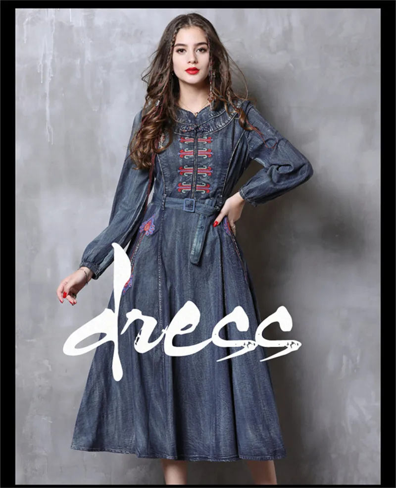 Vintage Autumn Dress Women 2018 Brand Denim Vestidos Stand Collar Long Sleeve Embroidery Belted Slim Wasit Women Dresses 82115 (1)