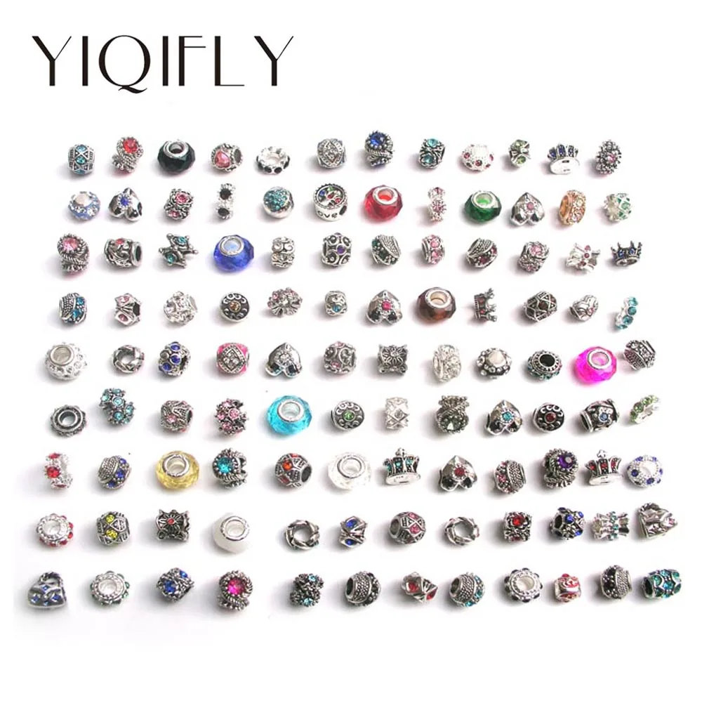 

Free shipping 100pcs mix color & style rhinestone big hole charms charms & crystal glass fit European Pandora bracelet DIY