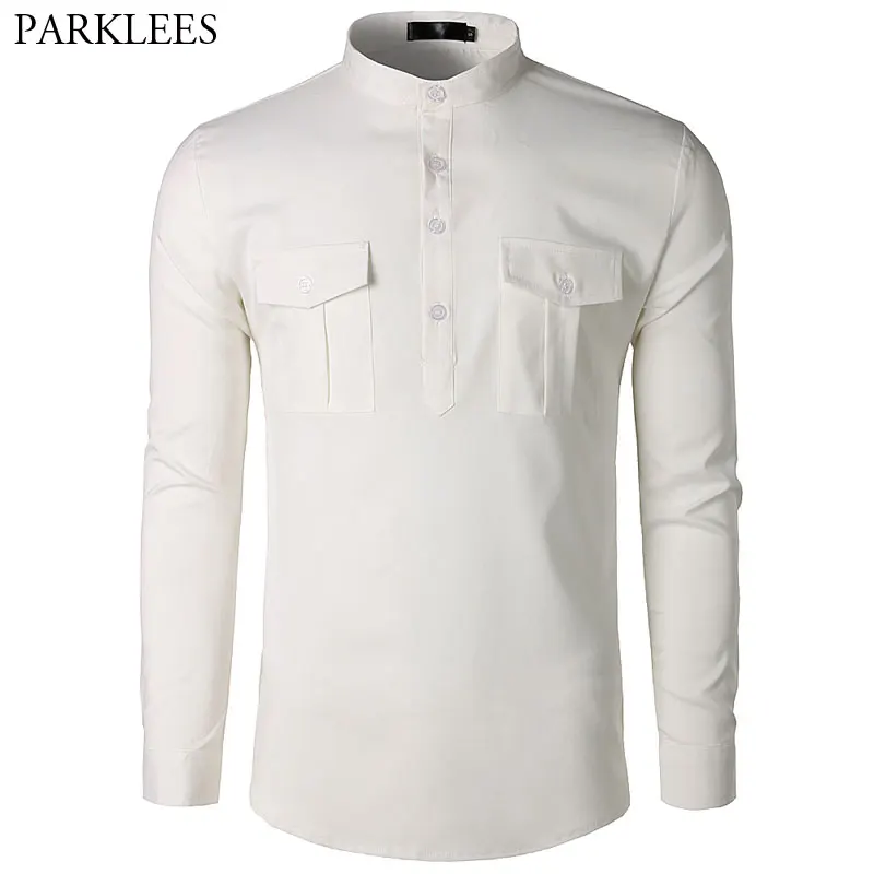 Men's White Henley Shirt 2018 Brand New Slim Fit Long Sleeve Mens Dress ...