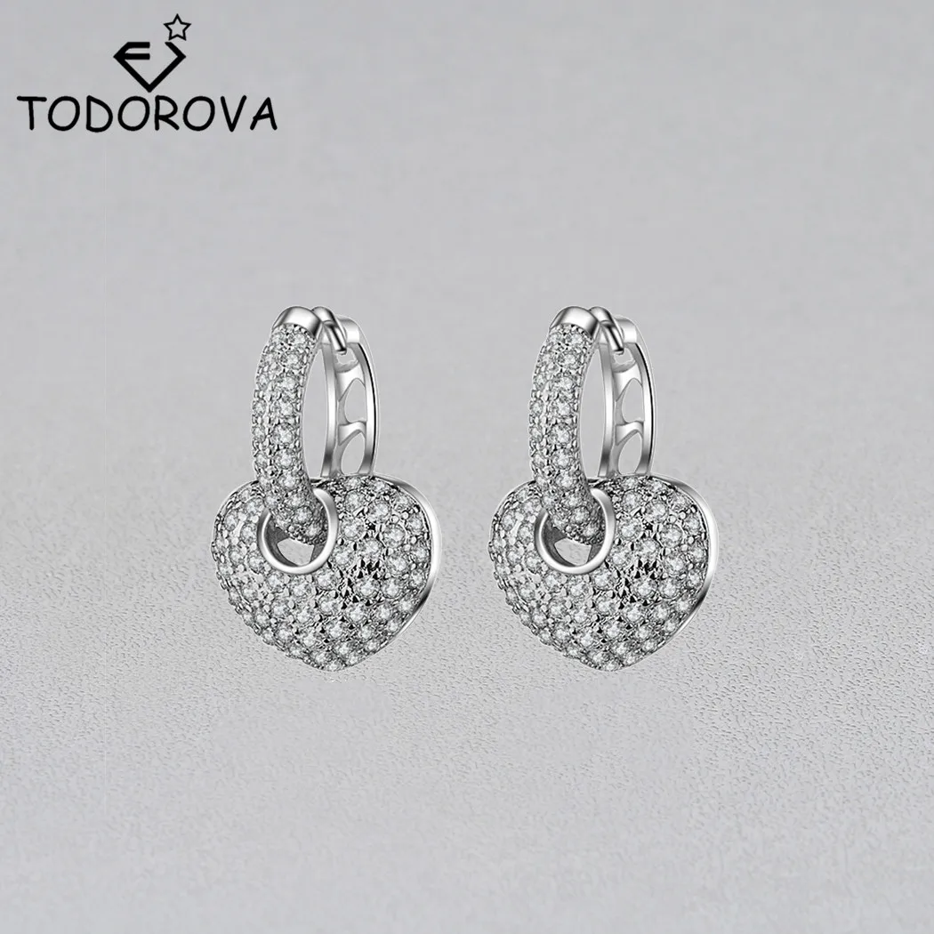 

Todorova Heart Earrings for Women Luxury Crystal Stone Earings Silver Color Detachable Earring Women Wedding Engagement Jewelry