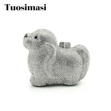 Камни горный хрусталь клатч вечерняя сумка дизайнерская собака женская сумочка расшитая кристаллами Сумочка-клатч металлический Свадебный клатч кошелек