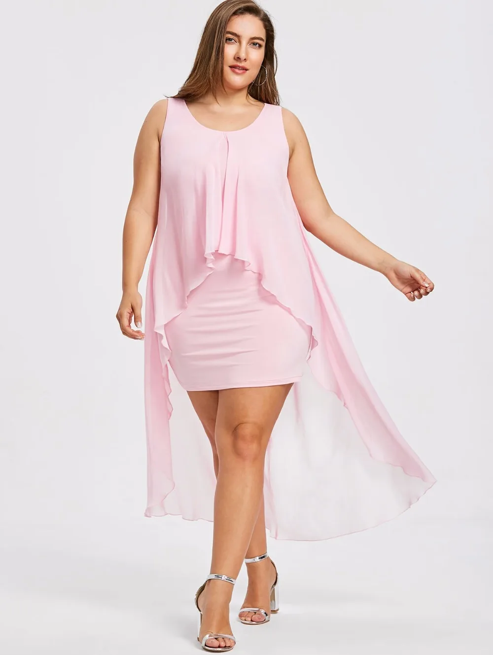 5XL Plus Size Sleeveless High Low Hem Flyaway Dress Summer Sweet Pink ...
