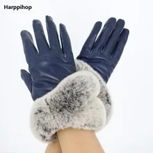 Для женщин Зимние перчатки Сенсорный экран Прихватки для мангала Genuin кожаные женские Прихватки для мангала Водонепроницаемый Настоящее Кролик Мех животных Mujer Ганц Guantes tactil Luvas