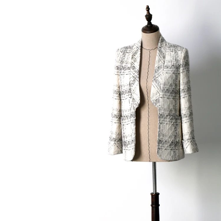 Women fashion woolen tweed jacket long sleeve plaid