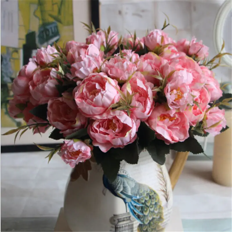 

5 Colors Silk flower European 1 Bouquet Artificial Peony Flowers Fall Vivid Fake Leaf Wedding Classic European Style
