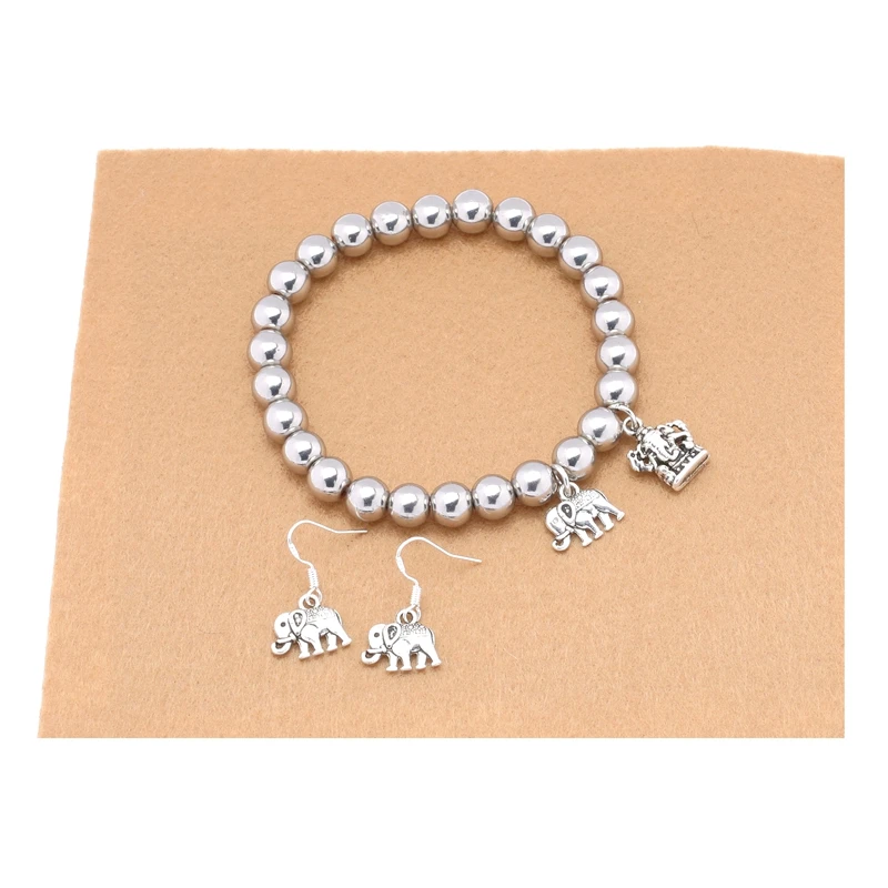 

Women Jewelry 1 set Lucky Elephants Stretch Silver Beaded Bracelet And Earrings Gift 19cm