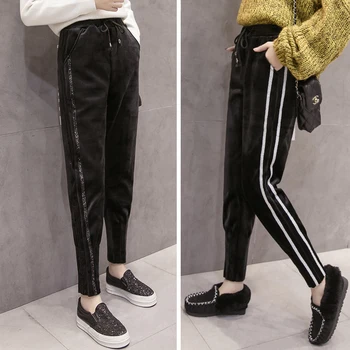 

Fashion Plus velvet Women Striped Harem Pants Women Black Casual High Waist Pants Drawstring Loose Trousers Pantalon Femme