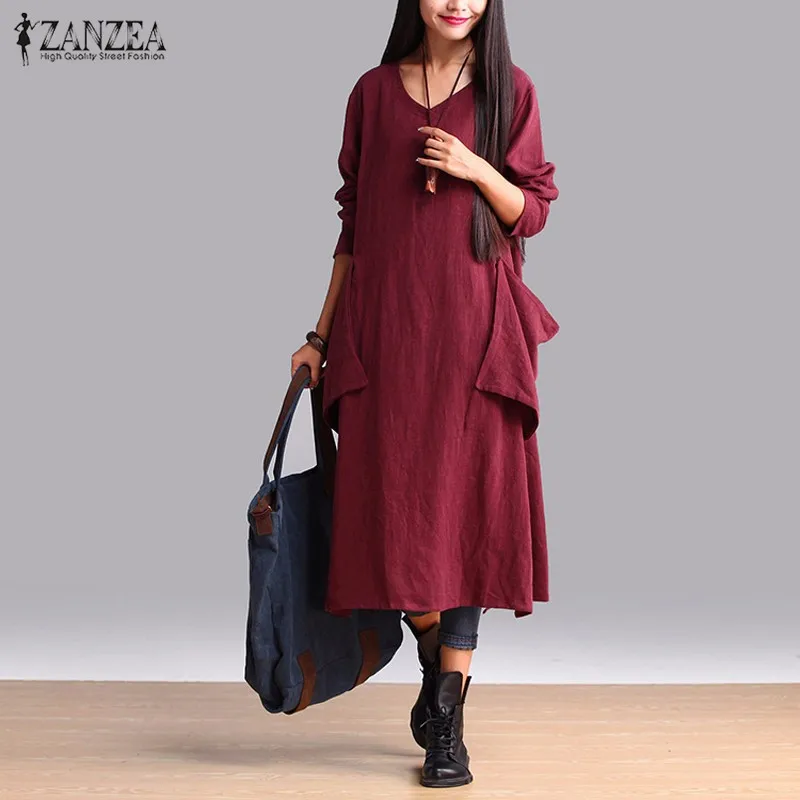 

ZANZEA Women 2019 Spring Fall Retro Cotton Dress Lady Casual Loose Solid Full Sleeve V Neck Solid Long Dress Vestidos Plus Size