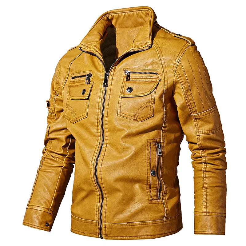 Брендовая мужская куртка из искусственной кожи, флисовое теплое зимнее пальто, однотонная Военная кожаная куртка Chaqueta Cuero Hombre из искусственной кожи - Цвет: Yellow