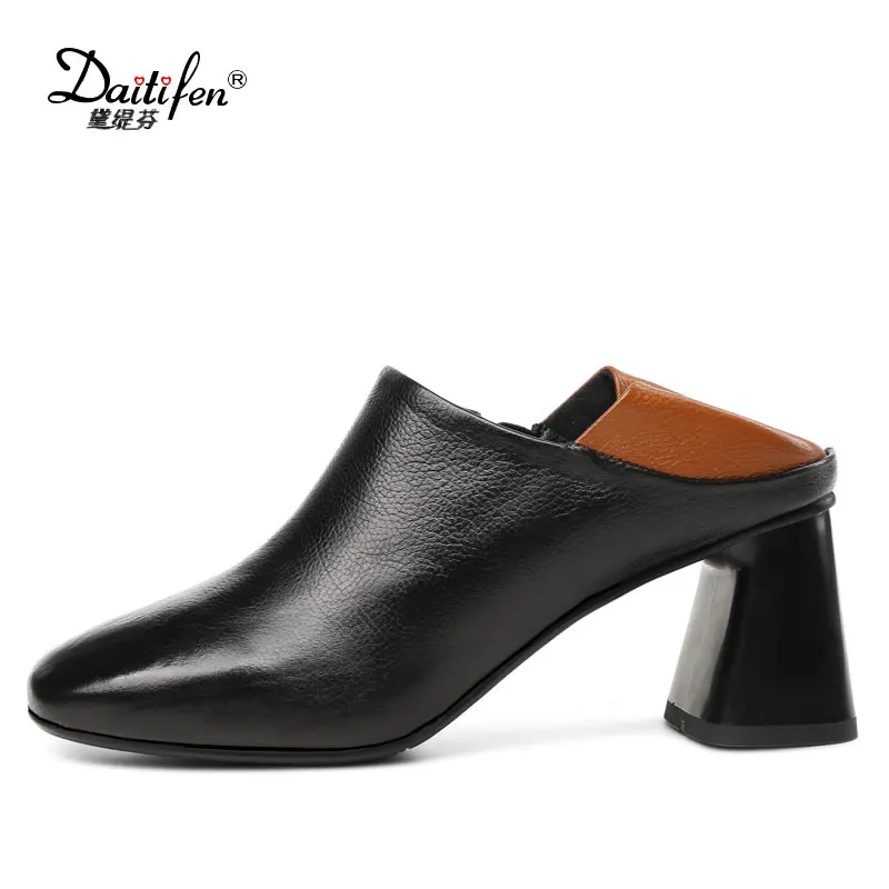 

Daitifen Genuine Leather women pump shoes Neutral Mix color high Thick heels Stylish Zipper Round toe lady Dress shoes Big size