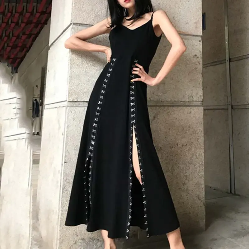 

Summer Elegant Sexy Gothic Black Chic Women Long Dresses Office Ladies Aline Pleated Button Strapless Female Fashion Maxi Dress