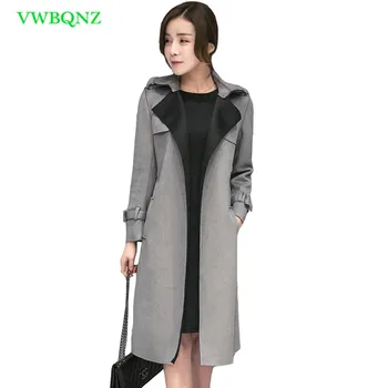 

New Slim Suede Windbreaker Coat Women Korean Temperament Long Suede Trench Coats Spring Autumn Splice Plus size Overcoats A163