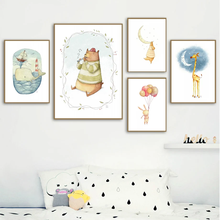 Акварельная картина на холсте с изображением медведя кролика лисы, скандинавских плакатов и печати, изображение животного на стене, детская комната, скандинавский стиль