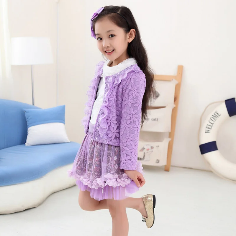 Коллекция года, детская одежда весеннее платье принцессы для девочек кружевная юбка с вышивкой комплект из куртки, футболки и платья