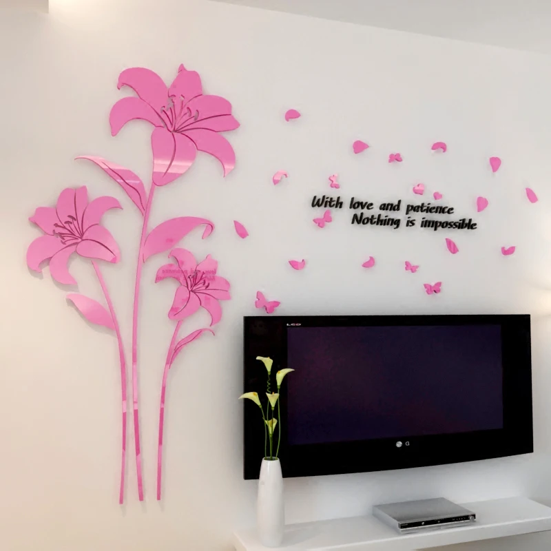 

Hot sale Lily flower Acrylic mirror crystal wall stickers living room DIY Art wall decor Bedroom 3ddecoration