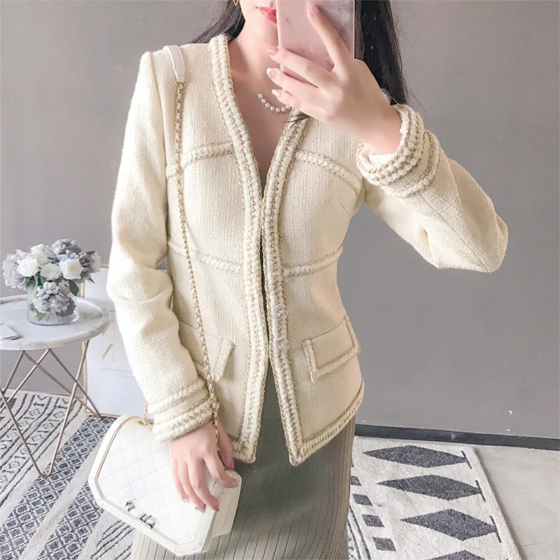 

2018 fall/winter luxury tweed wool jacket women slim runway jacket Gold Thread weave vintage designer coat deep-V neck outerwear