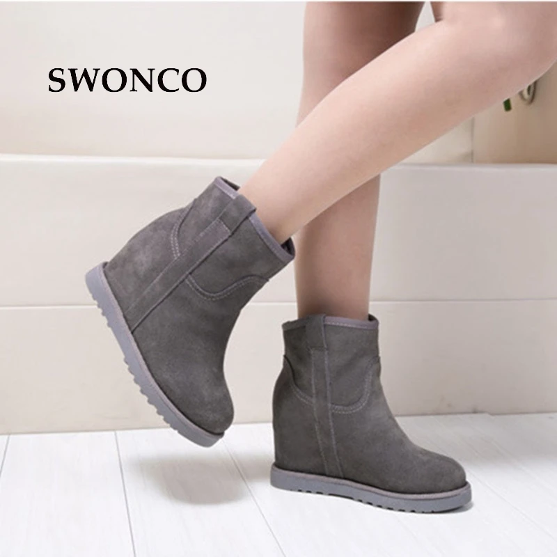 

SWONCO Women's Snow Boots 2018 Winter Genuine Leather Thick Plush Warm Ladies Shoes Ankle Boots For Women Heel Shoes Woman Boot