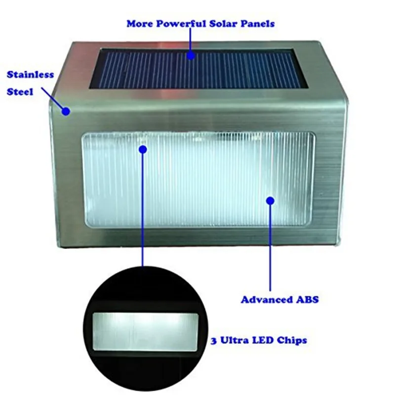 Светодиодный светильник из нержавеющей стали на солнечных батареях, наружный водонепроницаемый светильник для садовой лестницы, 3 светодиодный настенный светильник на солнечных батареях, лестничное освещение